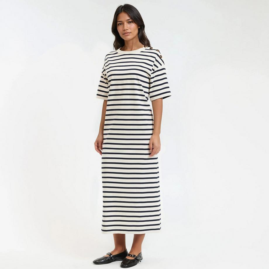 Langes gestreiftes Jerseykleid mit Schulterknöpfen
