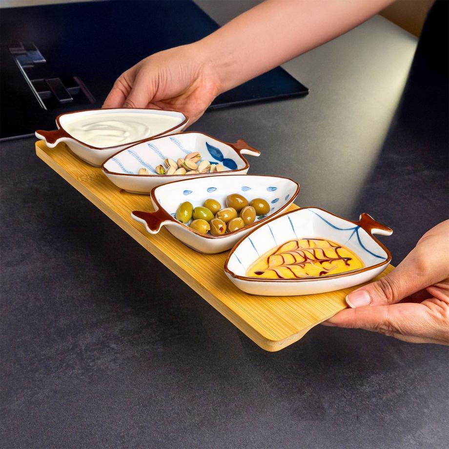 Intirilife Intirilife Céramique Coupelles à tremper - 4 coupelles en forme de feuille avec motif bleu  