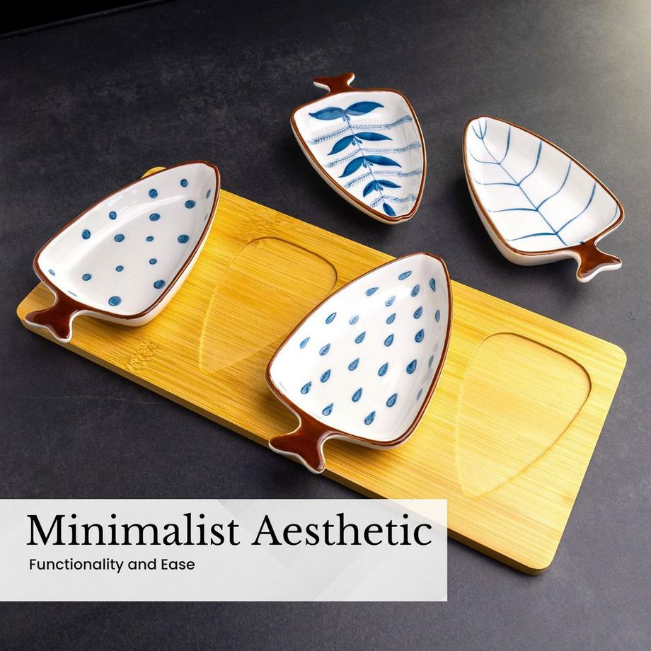 Intirilife Intirilife Céramique Coupelles à tremper - 4 coupelles en forme de feuille avec motif bleu  