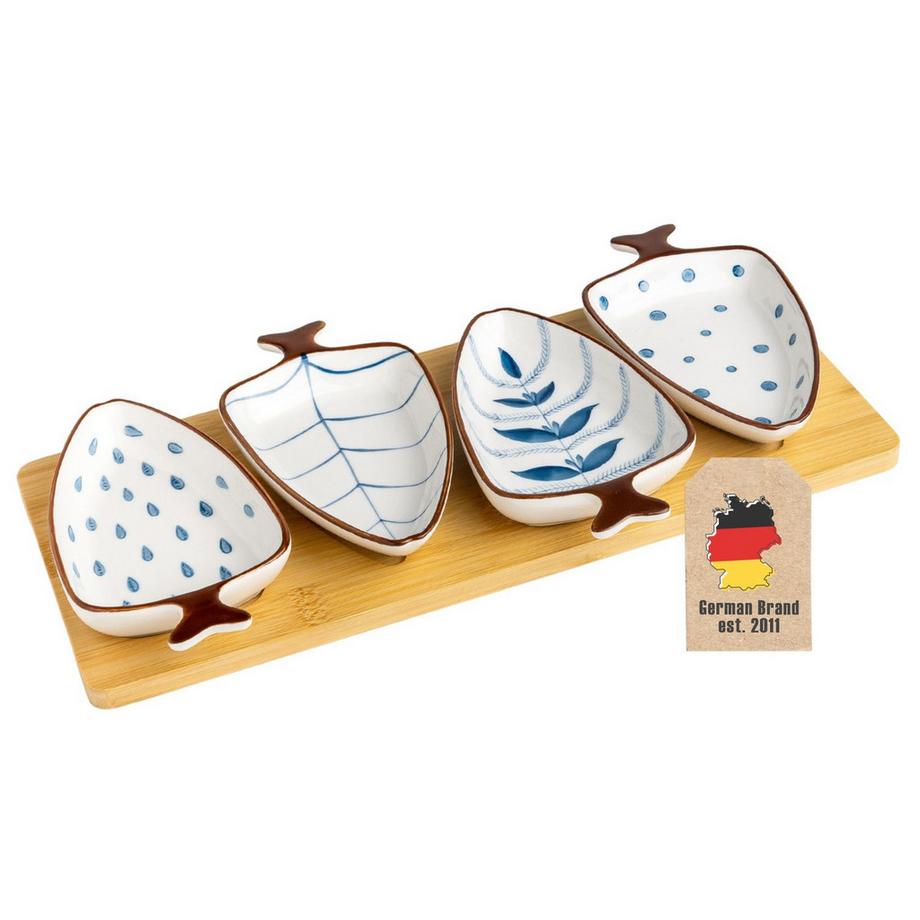 Intirilife Céramique Coupelles à tremper - 4 coupelles en forme de feuille avec motif bleu