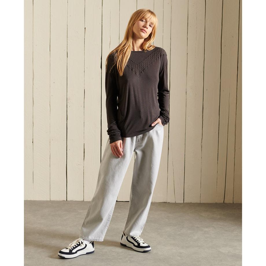 Superdry T-Shirt Manches Longues avec Empiècements en Dentelle  