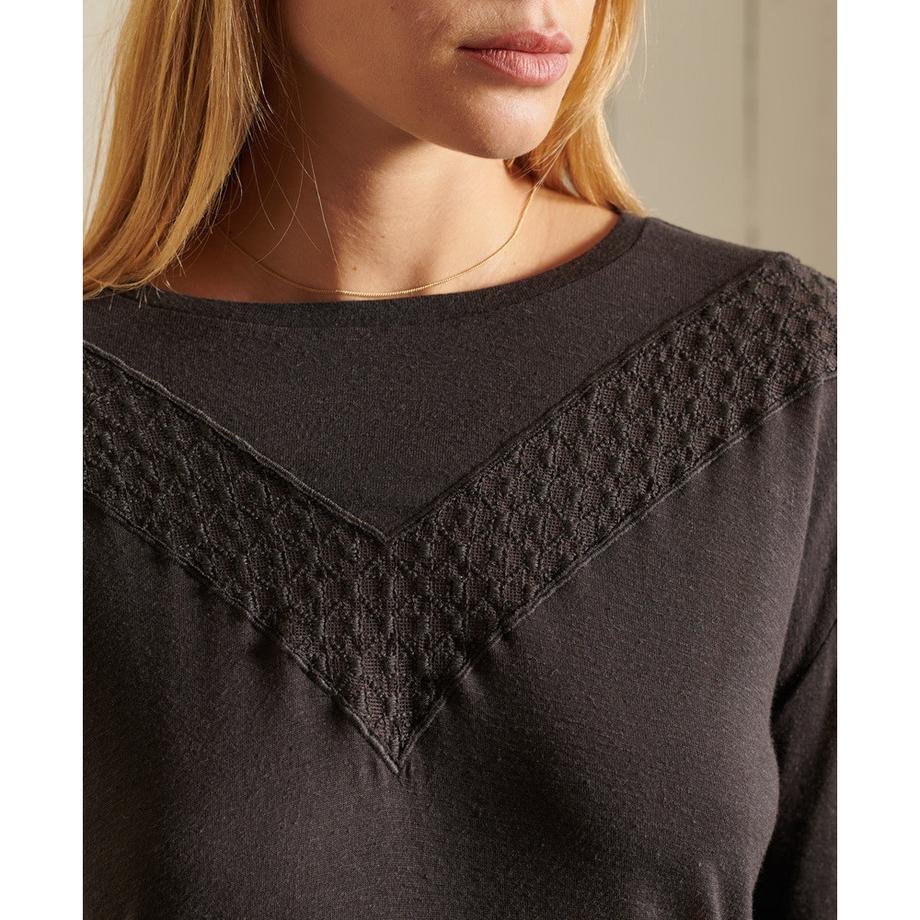 Superdry T-Shirt Manches Longues avec Empiècements en Dentelle  