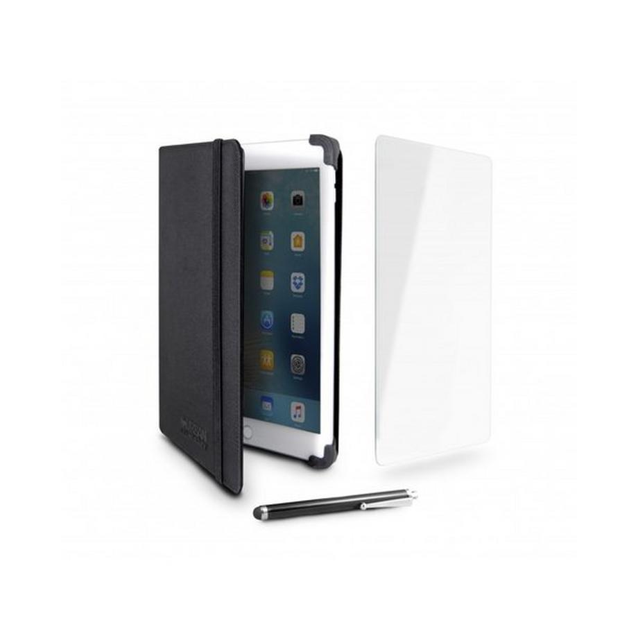 Universelles Starterpaket Urban Factory Black Folio Case + Displayschutzfolie aus gehärtetem Glas + 0,8 mm Stylus für Tablets bis 10,1 Zoll
