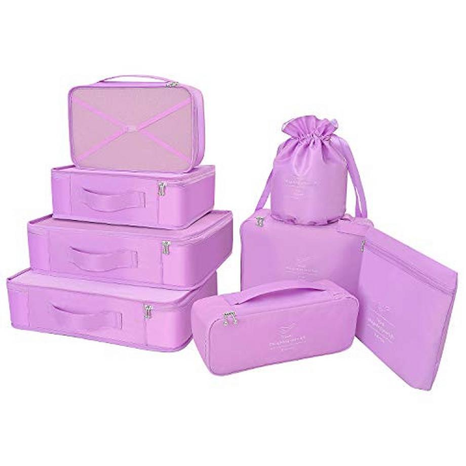 Organisateur de valise, sacs à vêtements pour le voyage, 8 pièces, 7 couleurs, organisateur de bagages de voyage incluant un sac de rangement de chaussures imperméable, sacs de compression pratiques pour les voyageurs, violet