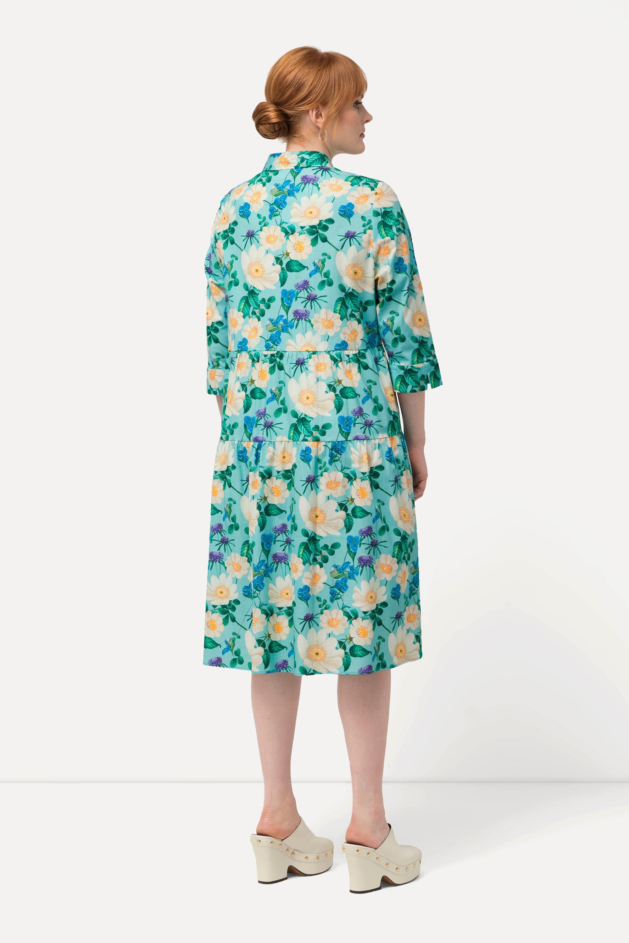 Ulla Popken  Robe chemisier, fleurs, coupe évasée, manches 3/4 