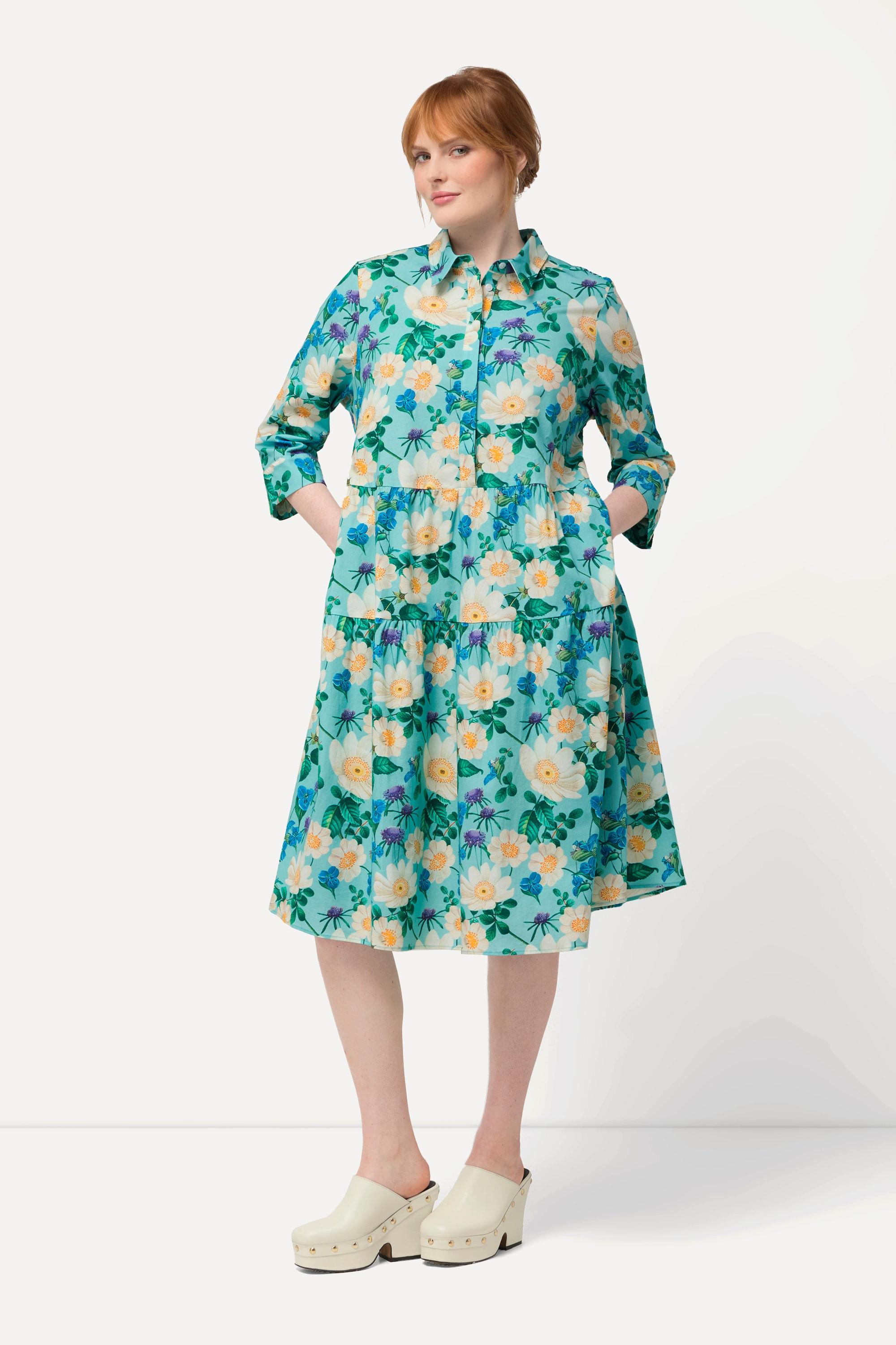 Ulla Popken  Hemdblusenkleid, Blüten, A-Linie, Hemdkragen, 3/4-Arm 