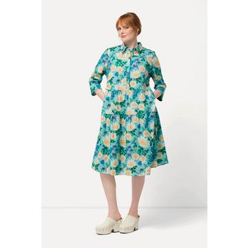 Robe chemisier, fleurs, coupe évasée, manches 3/4