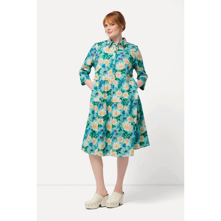 Ulla Popken Blüten A-Linie Hemdblusenkleid 3/4-Arm  
