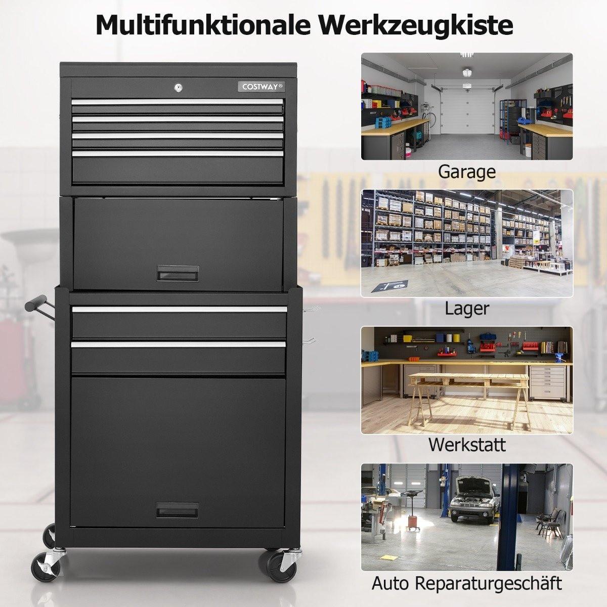 B2X Carrello da officina 2 in 1 con custodia, 9 scomparti e ganci Carrello portautensili con serratura su ruote Nero  