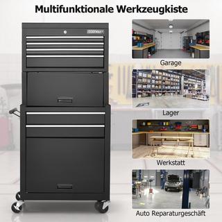 B2X Carrello da officina 2 in 1 con custodia, 9 scomparti e ganci Carrello portautensili con serratura su ruote Nero  