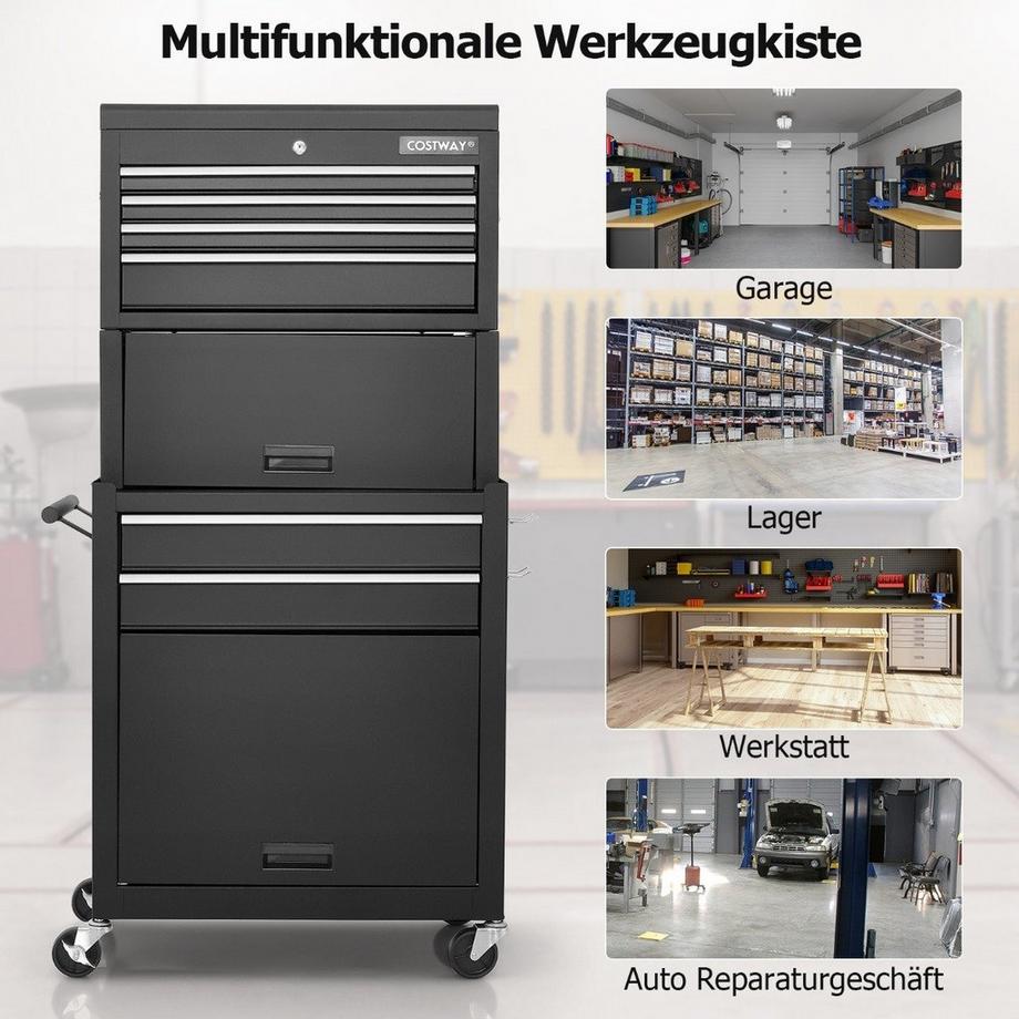 B2X 2 in 1 Werkstattwagen mit Koffer & 9 Fächer & Haken Abschließbare Werkzeugwagen auf Rädern Schwarz  