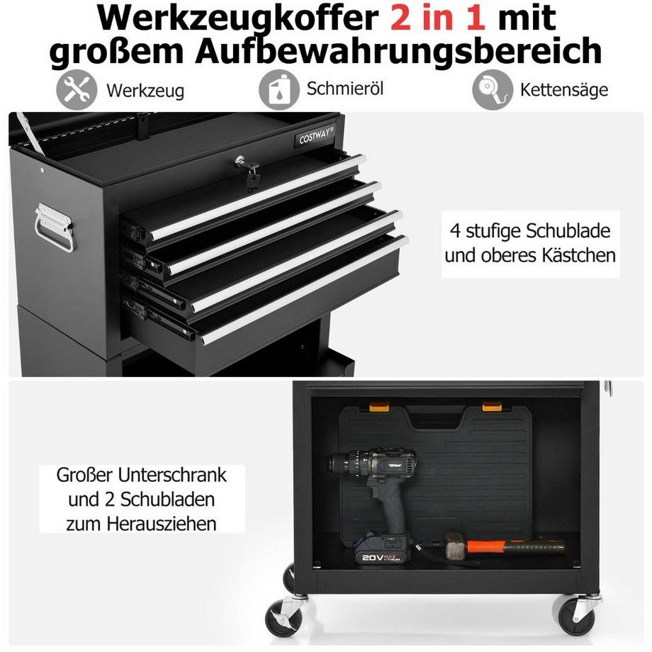 B2X 2 in 1 Werkstattwagen mit Koffer & 9 Fächer & Haken Abschließbare Werkzeugwagen auf Rädern Schwarz  