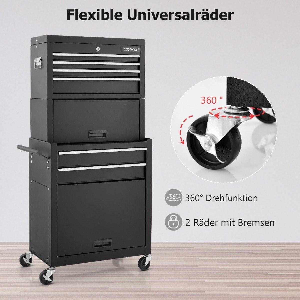 B2X Carrello da officina 2 in 1 con custodia, 9 scomparti e ganci Carrello portautensili con serratura su ruote Nero  