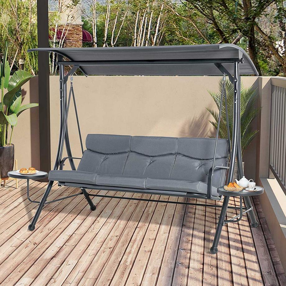 Northio Hollywood Swing Banc De Jardin 3 Places Avec Auvent Réglable Table À Thé Acier Polyester Gris + Noir 271 X 125 X 177 Cm  