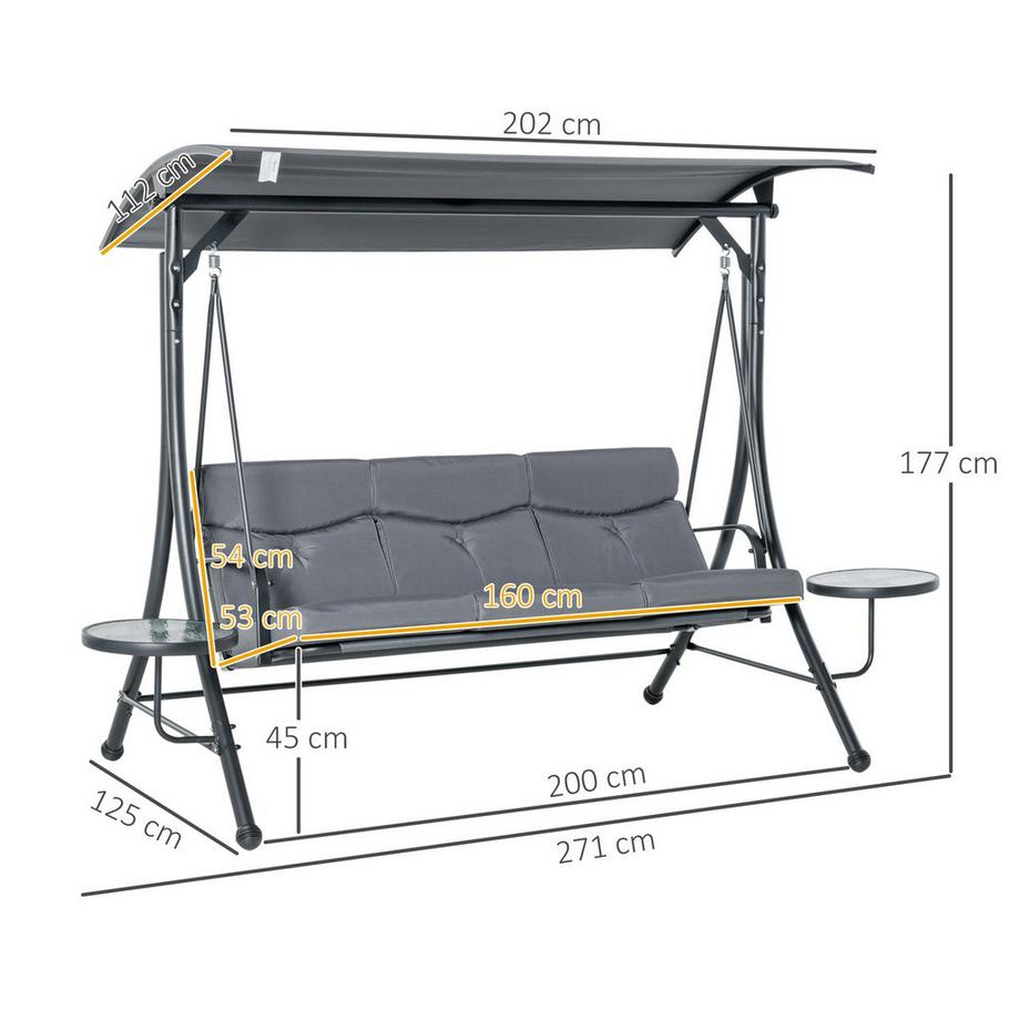 Northio Hollywood Swing Banc De Jardin 3 Places Avec Auvent Réglable Table À Thé Acier Polyester Gris + Noir 271 X 125 X 177 Cm  