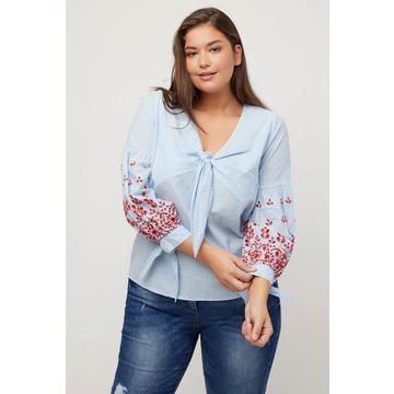 Bluse, Stickerei, A-Linie, V-Ausschnitt, Langarm