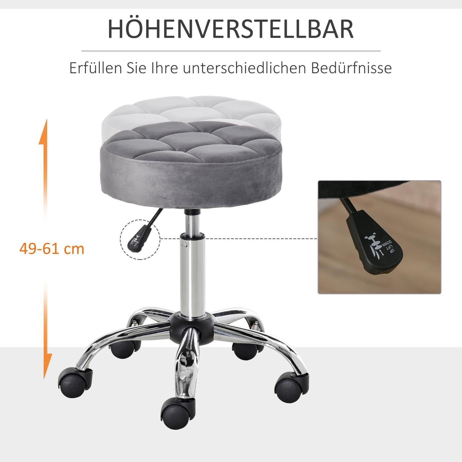 Northio Salonstuhl mit Rädern Rollhocker höhenverstellbar, drehbar, Samt-Touch, Chrom-Basis, Grau, 35x35x49-61cm  