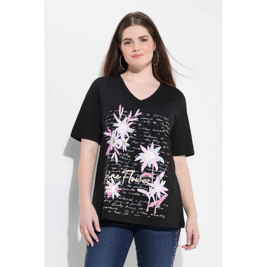 Ulla Popken Classic V-Ausschnitt Halbarm T-Shirt mit Edelweiss Motiv  