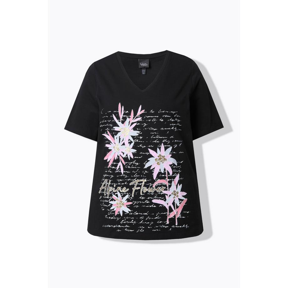 Ulla Popken Classic V-Ausschnitt Halbarm T-Shirt mit Edelweiss Motiv  
