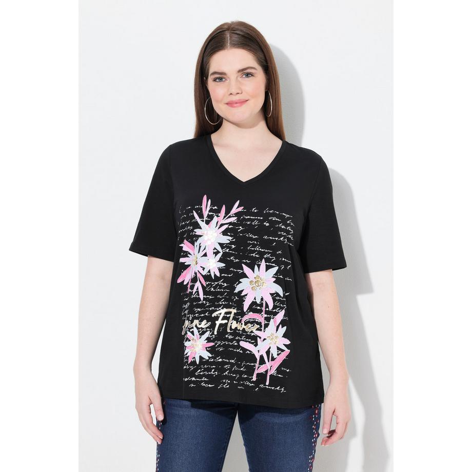 Ulla Popken Classic V-Ausschnitt Halbarm T-Shirt mit Edelweiss Motiv  