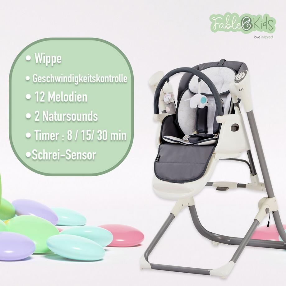 FableKids  2in1 Hochstuhl Wippe NOA 6-36 Monate | Klappbar Schreisensor | USB-Port 
