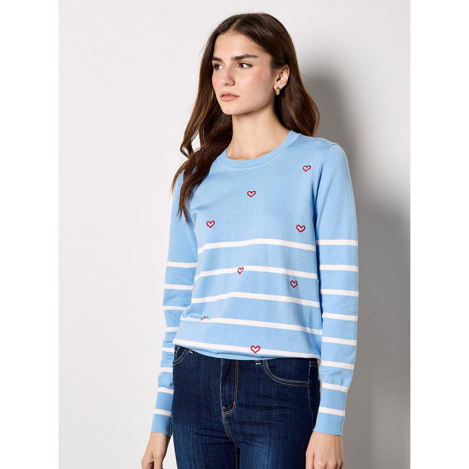Gestreifter Pullover mit gestickten Herzen