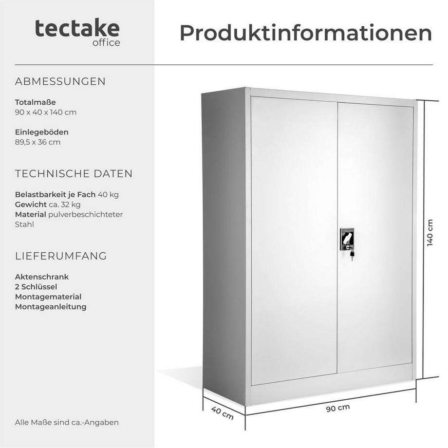 Tectake Aktenschrank  aus pulverbeschichtetem Stahl mit 2 Flügeltüren  