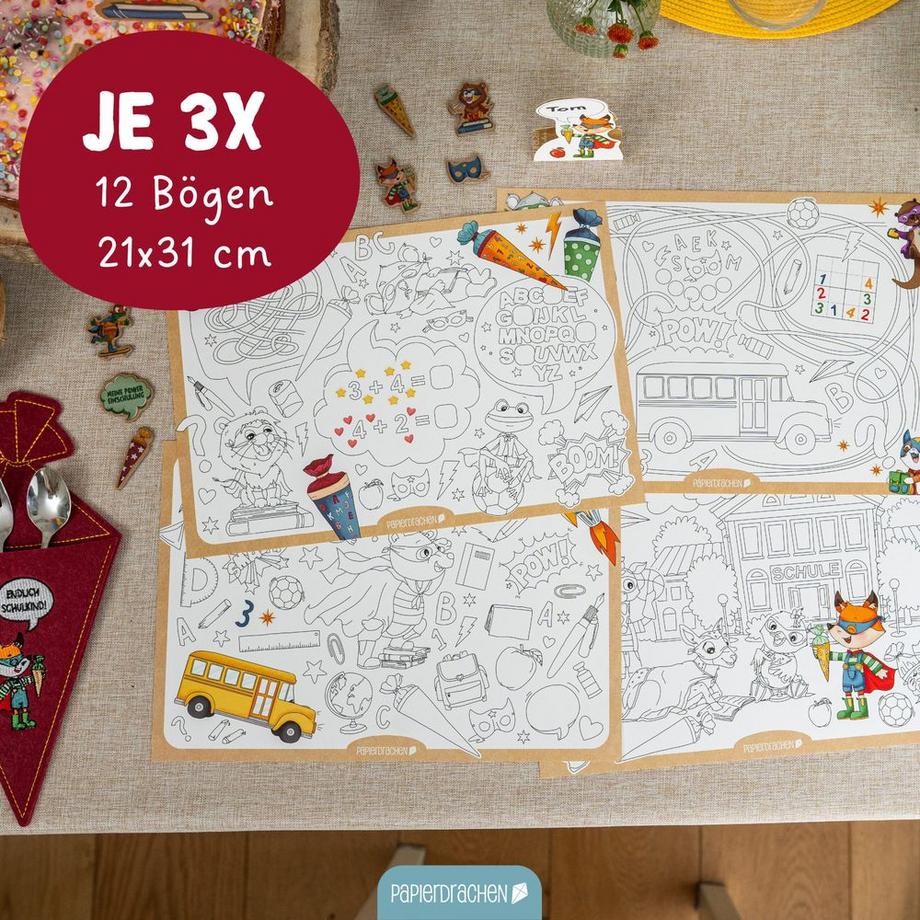 Papierdrachen Ausmal Platzsets Schule Superhelden Tiere - Set 02  