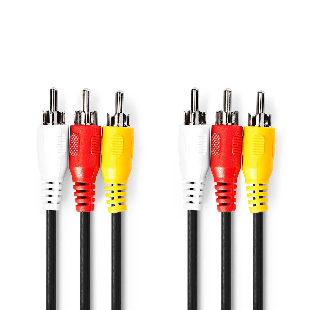 Image of Composite-Video-Kabel | 3x RCA-Stecker | 3x RCA-Stecker | Vernickelt | 480p | 1,50 m | Rund | PVC | Schwarz | Plastikbeutel