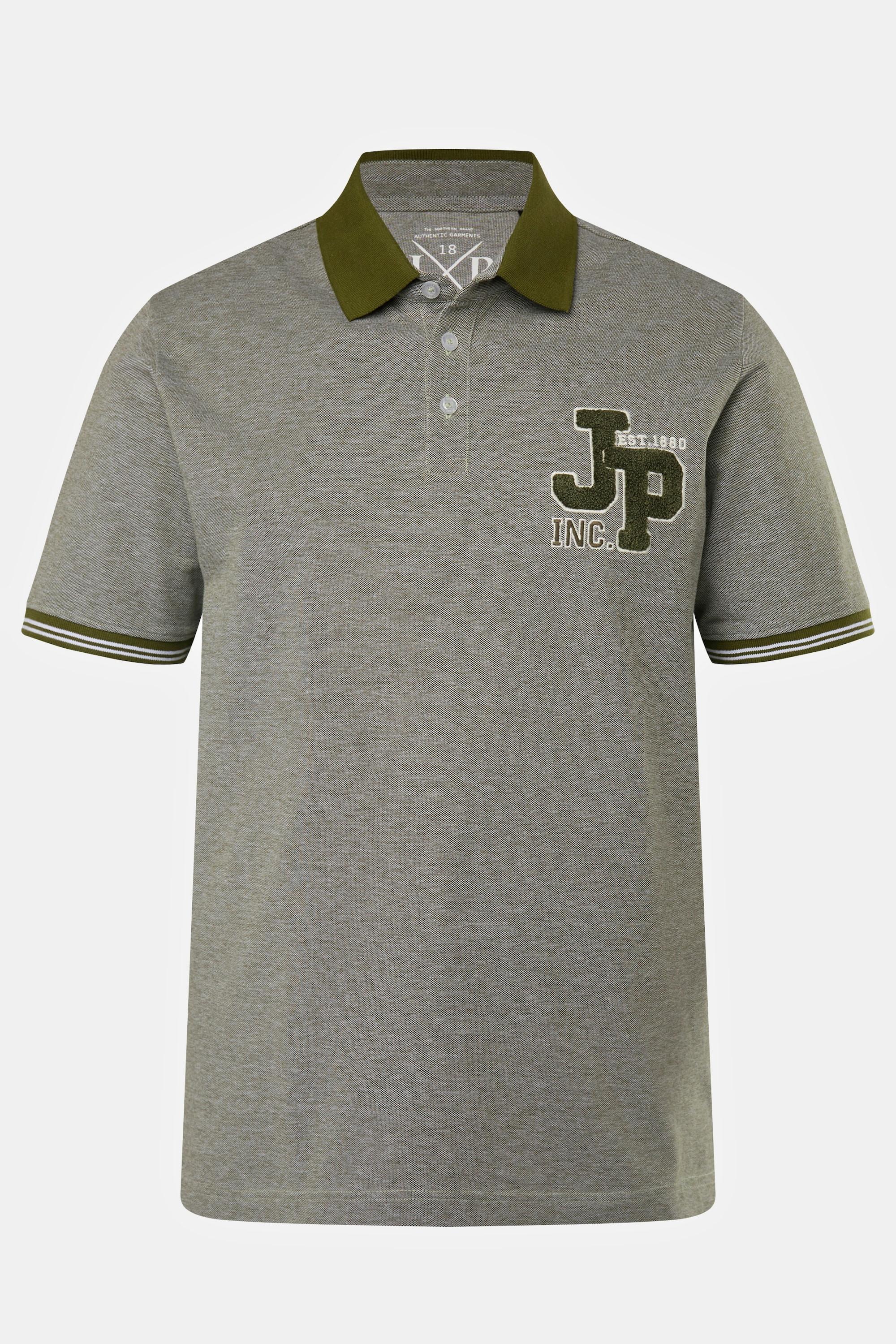 JP1880  Polo en maille piquée à manches courtes, avec écusson vert mousse 