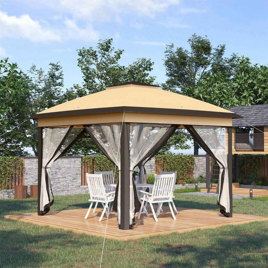 Northio Pavillon 3,3x3,3m, wasserabweisend Winterfest Pop-up Faltpavillon mit Doppeldach, UV Schutz, Faltbar Partyzelt Gartenzelt mit Seitenteilen, Tasche Gartenpavillon für Camping Garten, Beige  