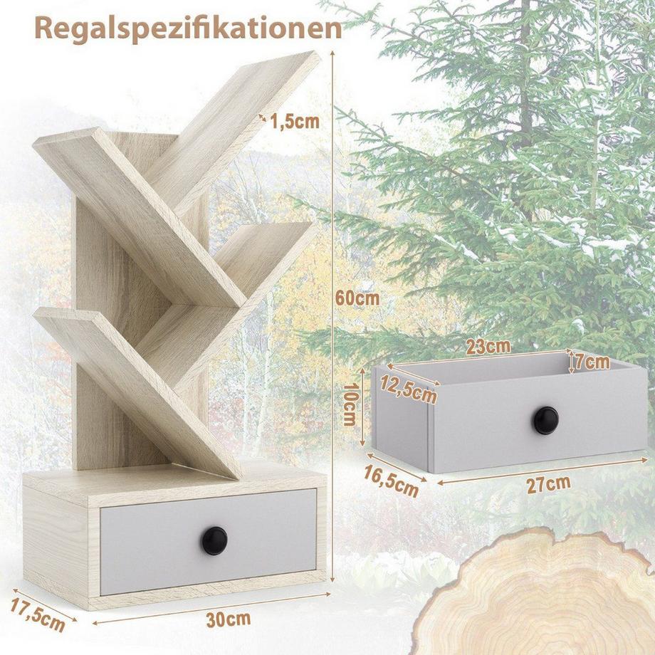 Northio Bibliothèque en forme d'arbre à 5 niveaux avec tiroir, étagère polyvalente pour CD et DVD, Beige  