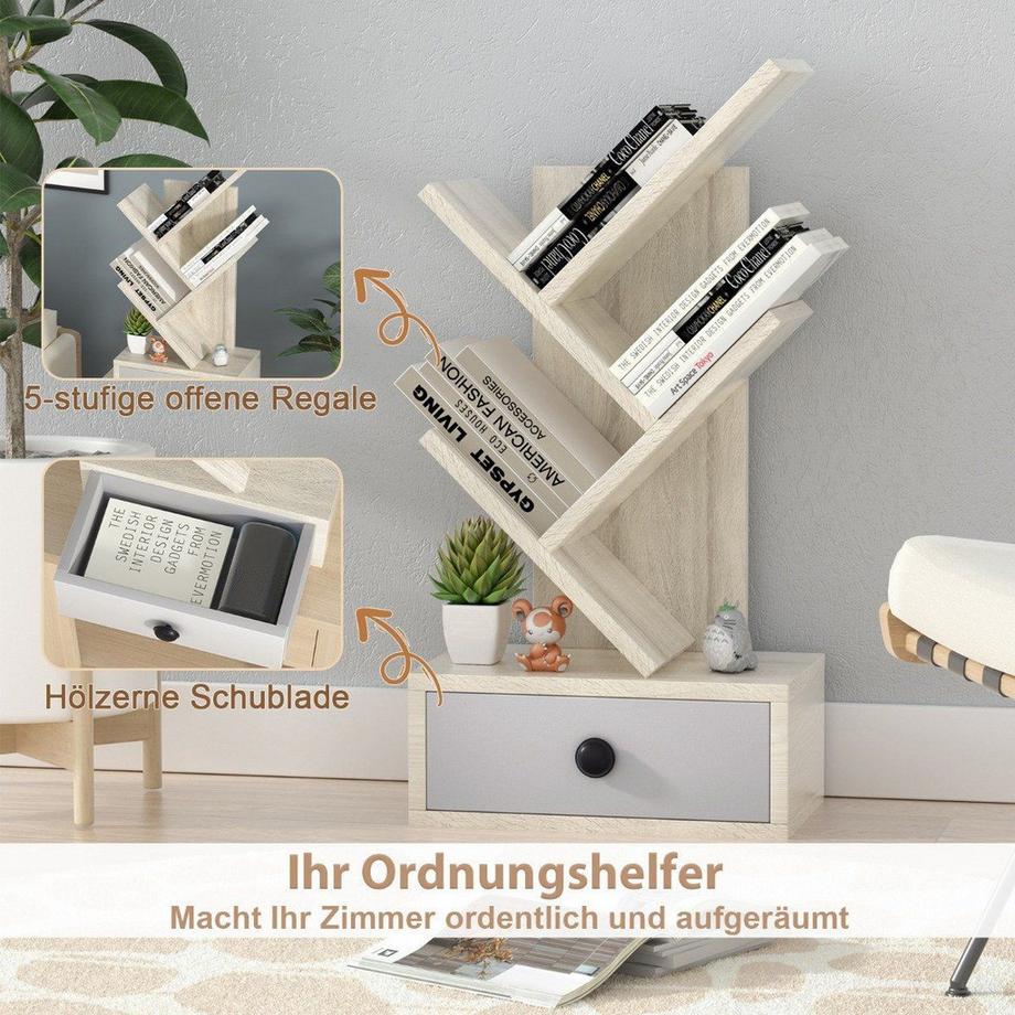 Northio Bibliothèque en forme d'arbre à 5 niveaux avec tiroir, étagère polyvalente pour CD et DVD, Beige  