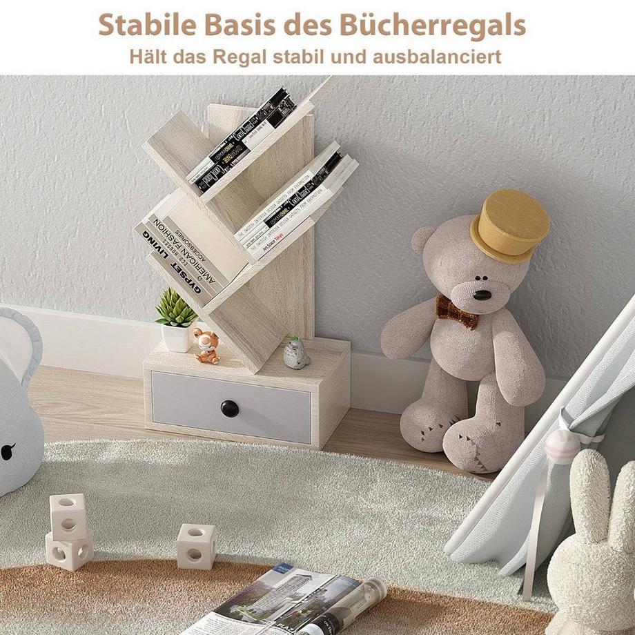 Northio Bibliothèque en forme d'arbre à 5 niveaux avec tiroir, étagère polyvalente pour CD et DVD, Beige  