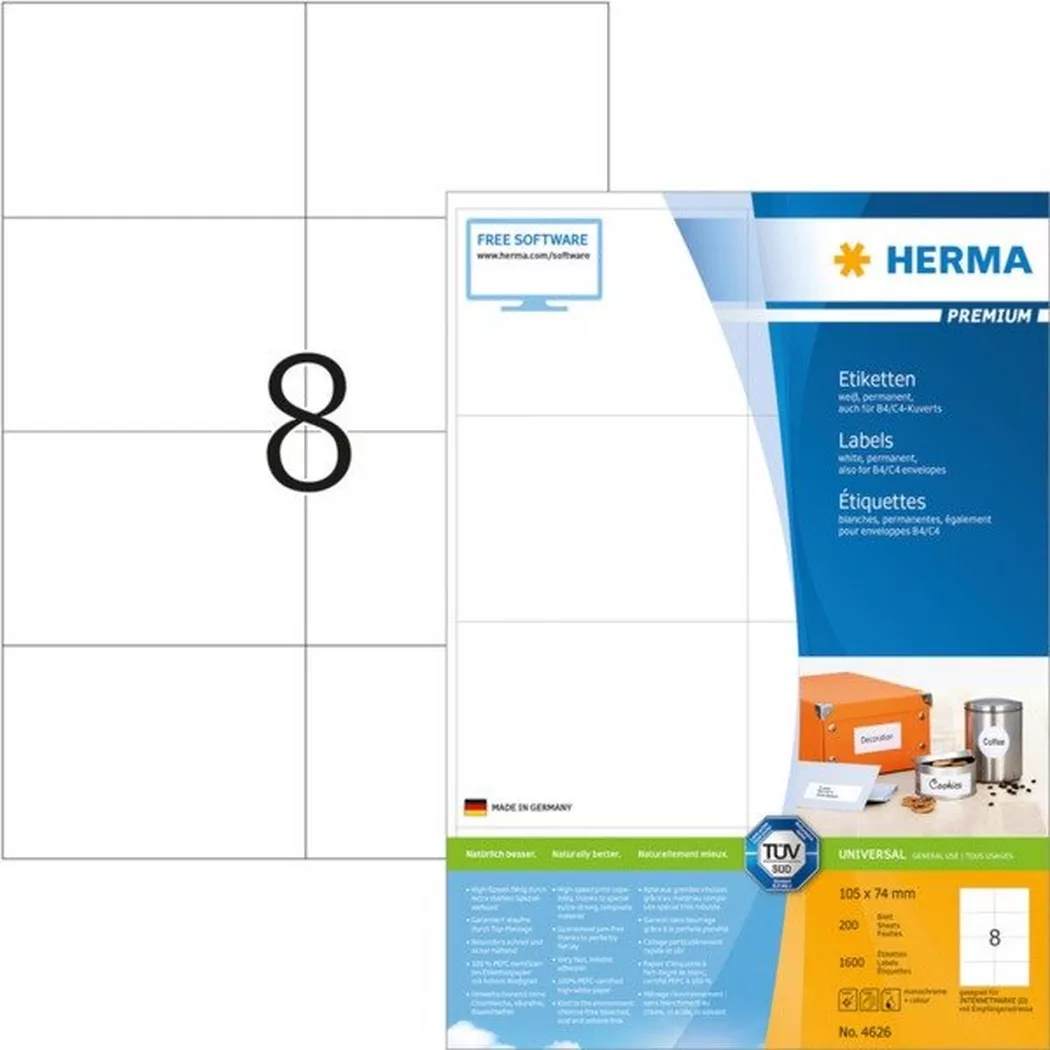 HERMA – Universal-Etiketten 105x74mm 4626 weiss 1600 St./200 Blatt, One Size