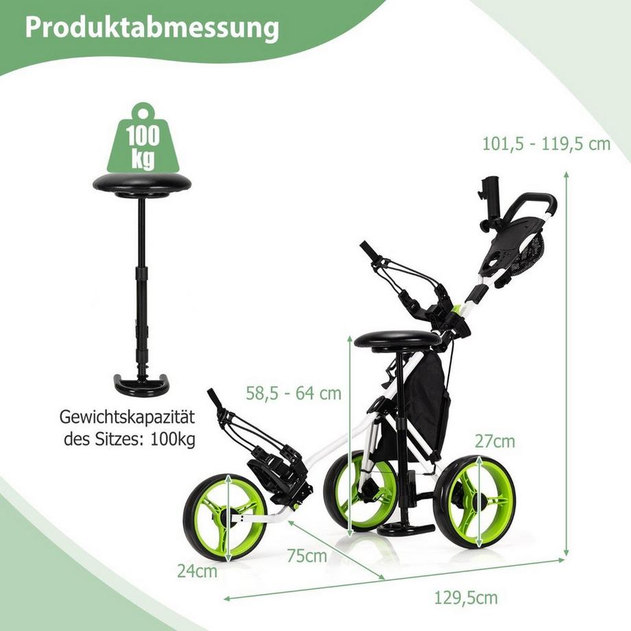 3 Rad Golf Trolley aus Aluminum mit Schirmhalter & Sitz Klappbare Golfwagen
