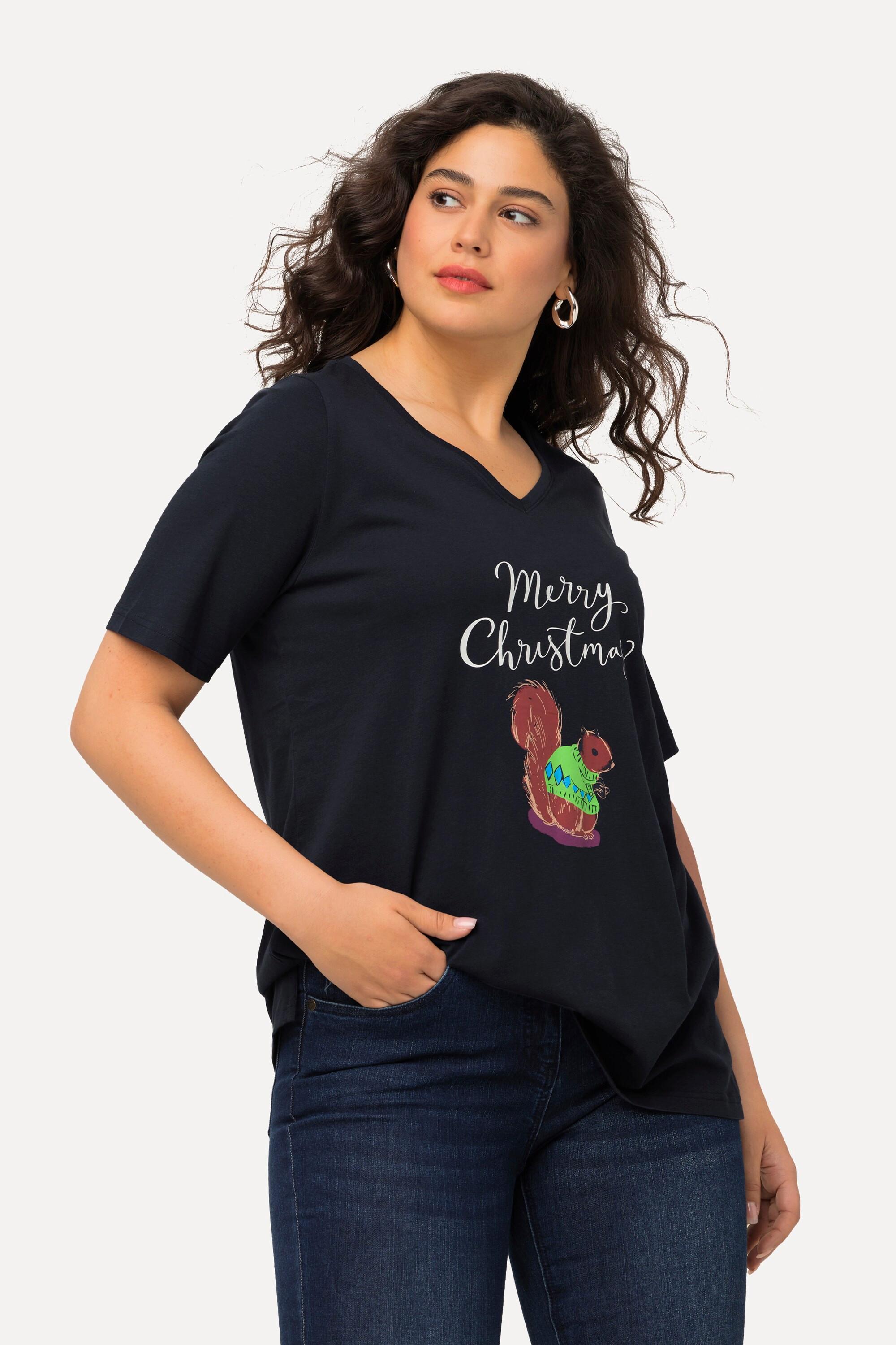 Ulla Popken  T-shirt de Noël à manches courtes et col V, motif écureuil 