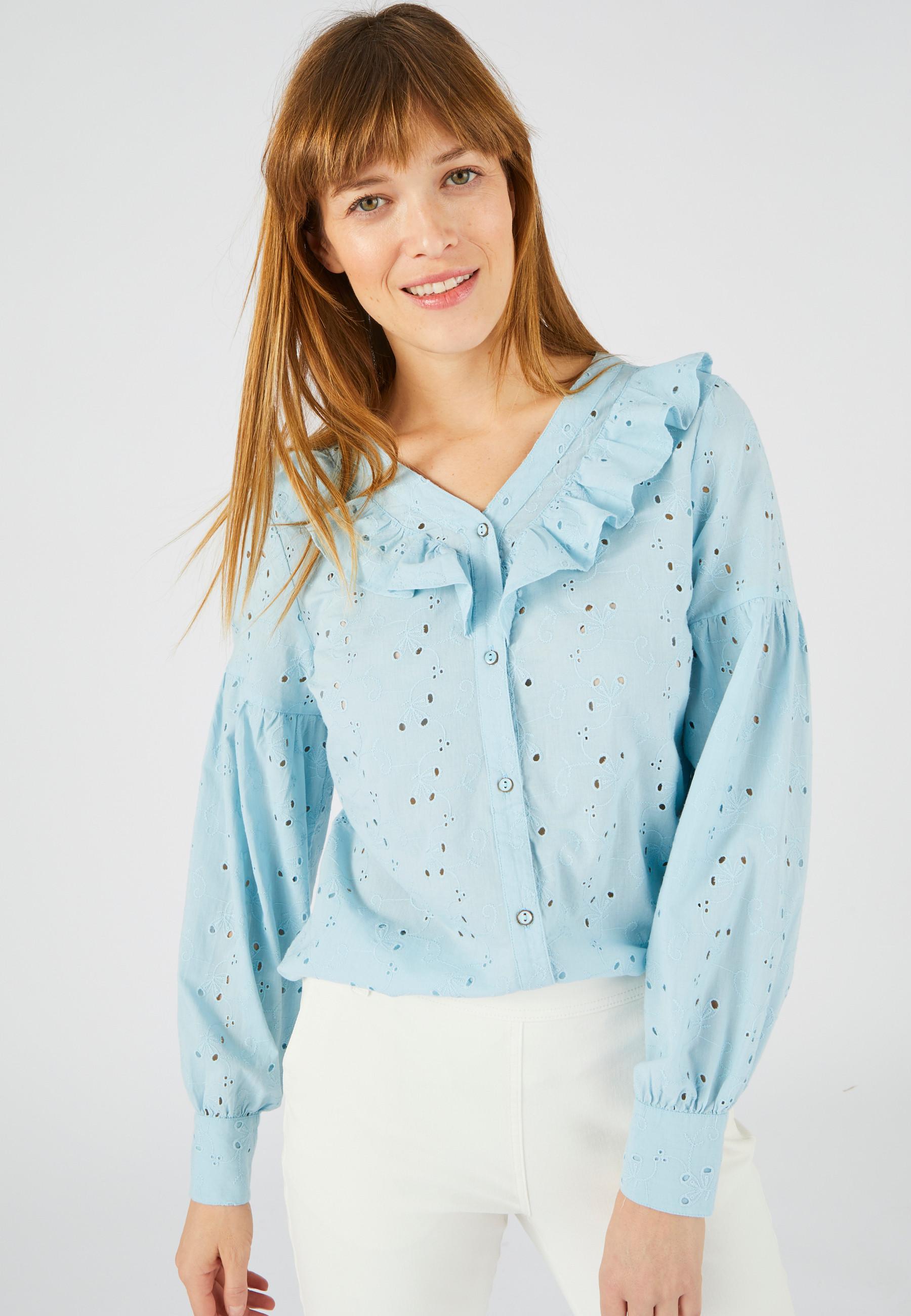 Image of Bluse Mit Rüschen Und Lochstickerei Damen Blau 46