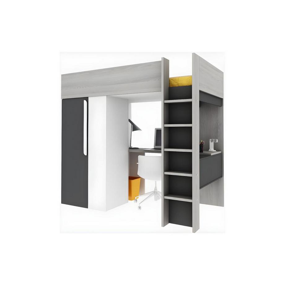 Vente-unique Letto a soppalco con armadio e scrivania Antracite e Bianco NICOLAS  