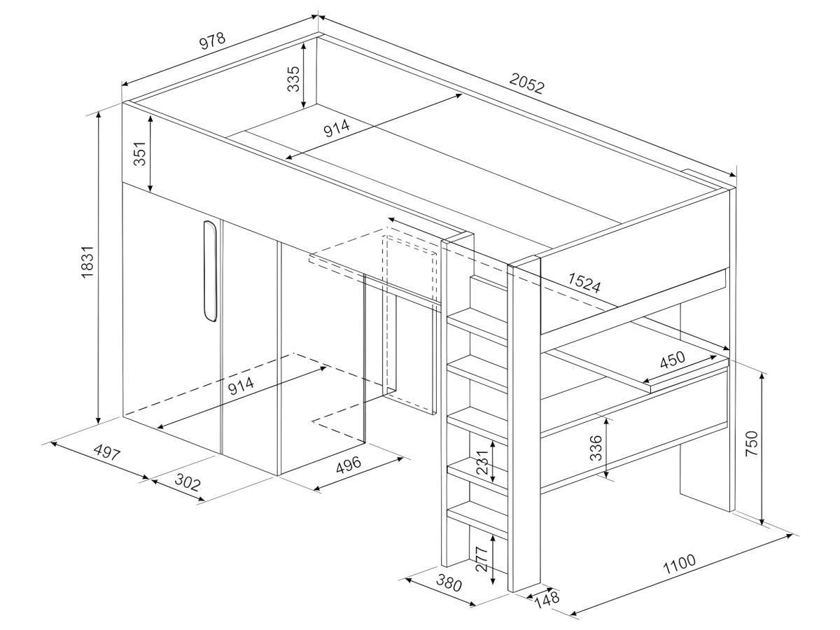 Vente-unique Lit mezzanine NICOLAS II avec armoire bureau  