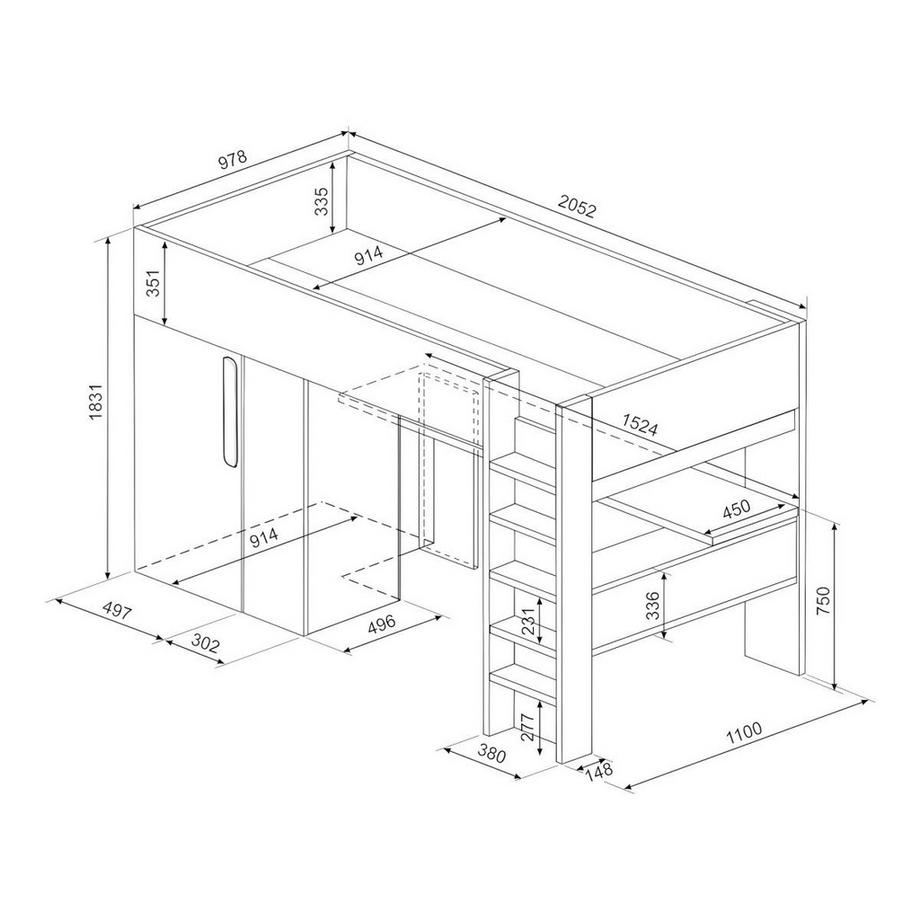 Vente-unique Letto a soppalco con armadio e scrivania Antracite e Bianco NICOLAS  