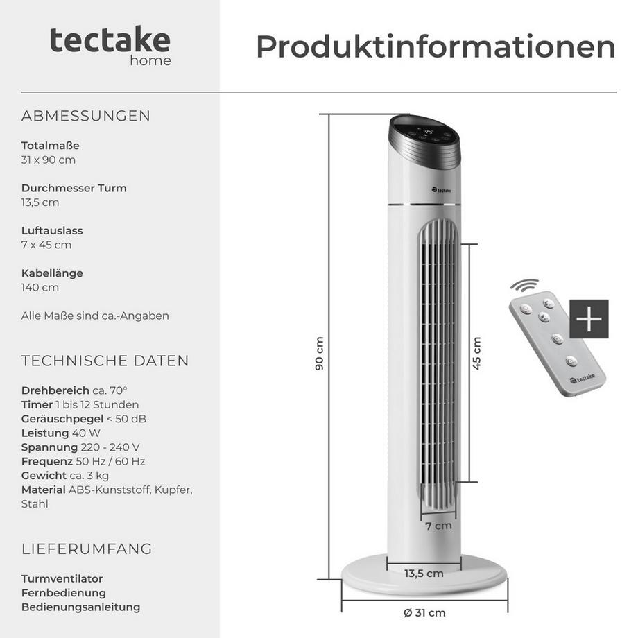 Tectake Ventilateur colonne  avec oscillation réglable et fonction minuterie  