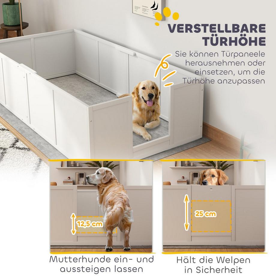 Northio  Wurfkiste für Welpen, Welpenauslauf mit verstellbaren Eingängen, Rutschfest Welpenlaufstall für kleine bis große Hunde, 196 x 96 x 48 cm, Tannenholz, Weiß 