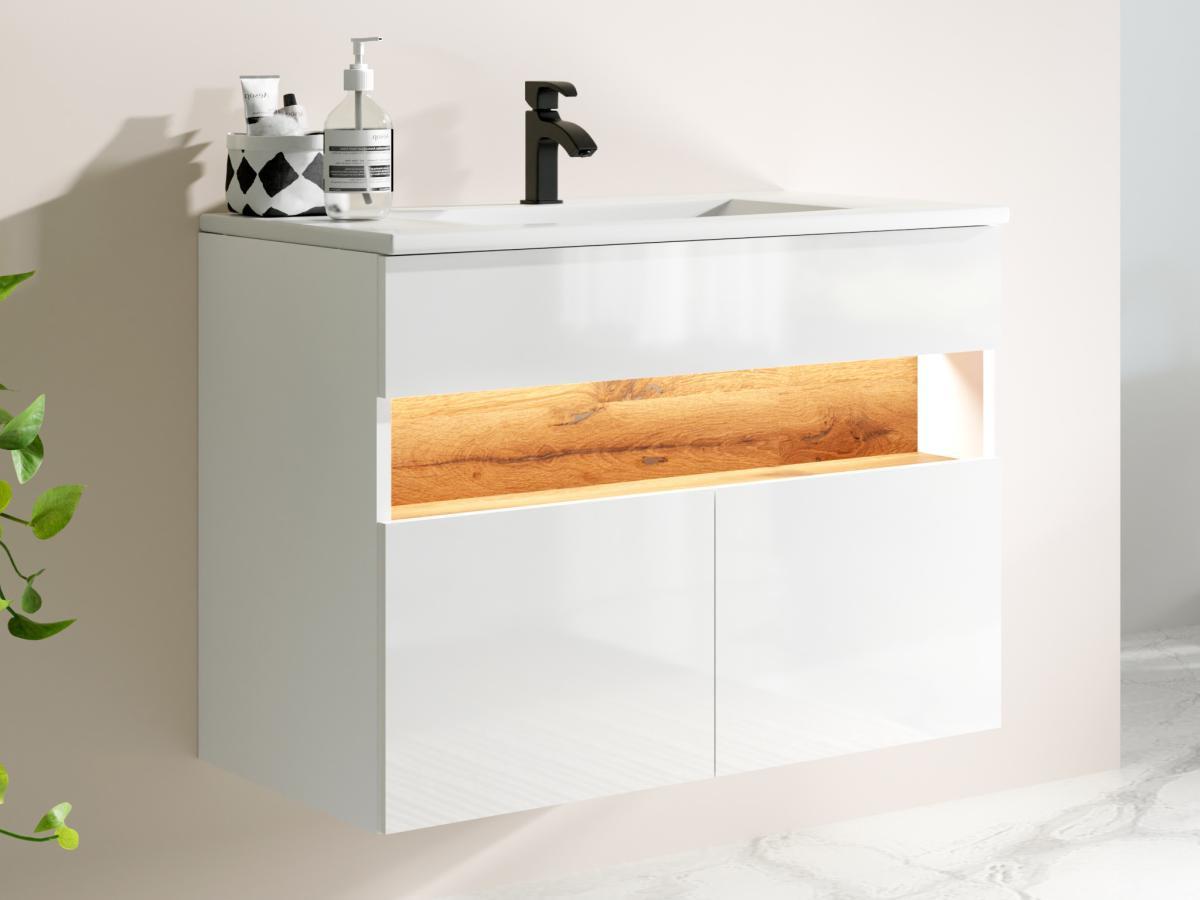 Vente-unique Waschbeckenunterschrank hängend mit Einbauwaschbecken - mit LED-Beleuchtung - Weiß & Holzfarben dunkel - 80 cm - POZEGA  