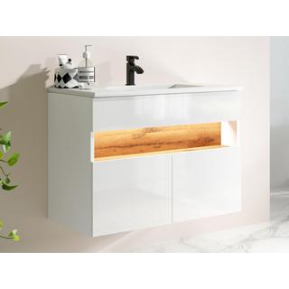 Vente-unique Mobile per il bagno sospeso a LED con lavabo da incasso Bianco e Naturale scuro L80 cm POZEGA  