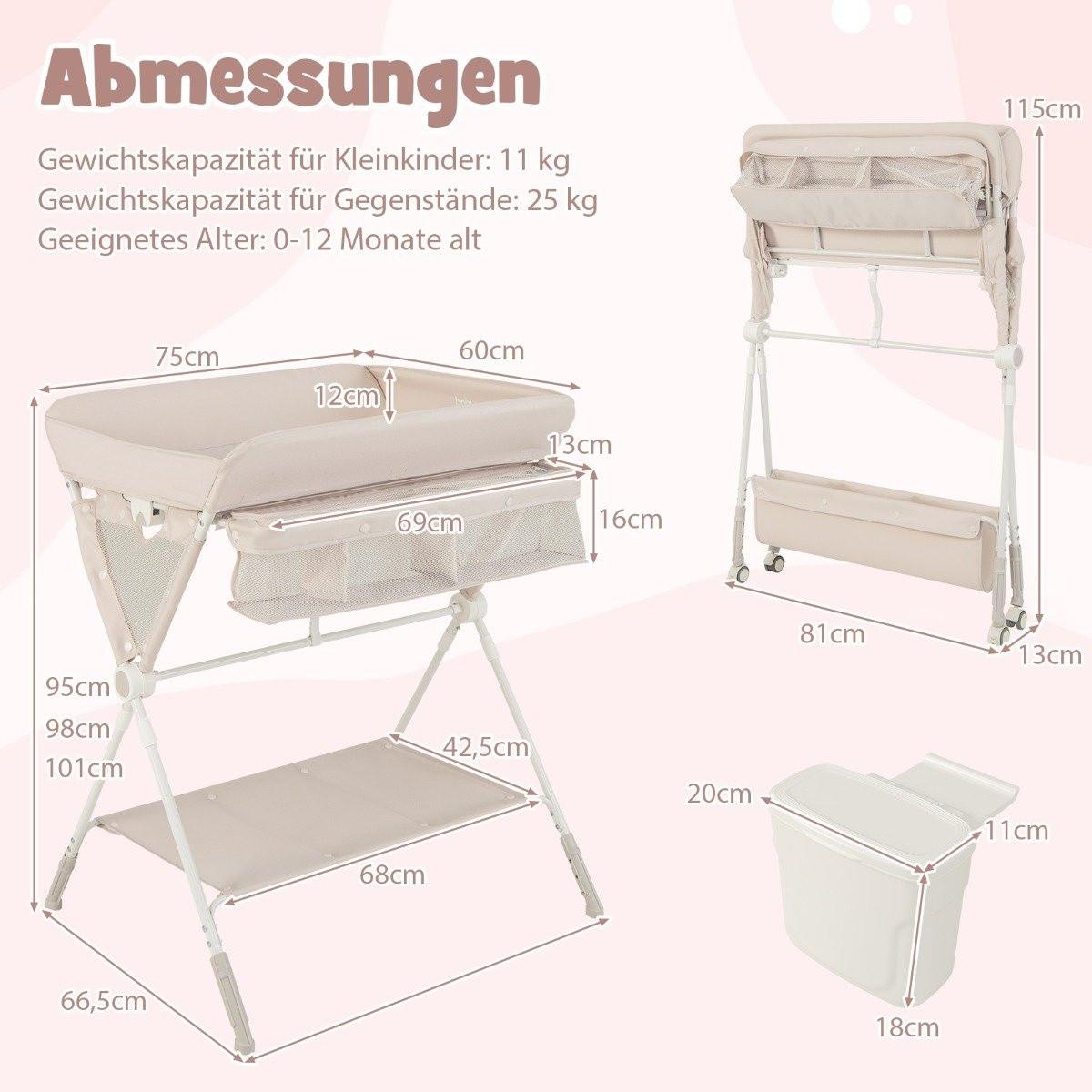 Northix  3 in 1 Klappbarer Wickeltisch mit Rollen & Mülleimer Mobile Wickelkommode Wickelstation Beige 