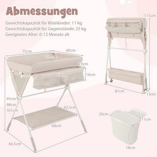 Northix  3 in 1 Klappbarer Wickeltisch mit Rollen & Mülleimer Mobile Wickelkommode Wickelstation Beige 