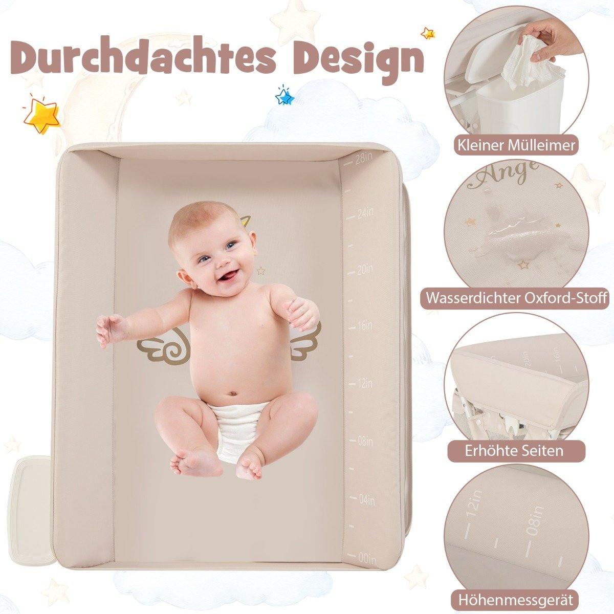 Northix  3 in 1 Klappbarer Wickeltisch mit Rollen & Mülleimer Mobile Wickelkommode Wickelstation Beige 