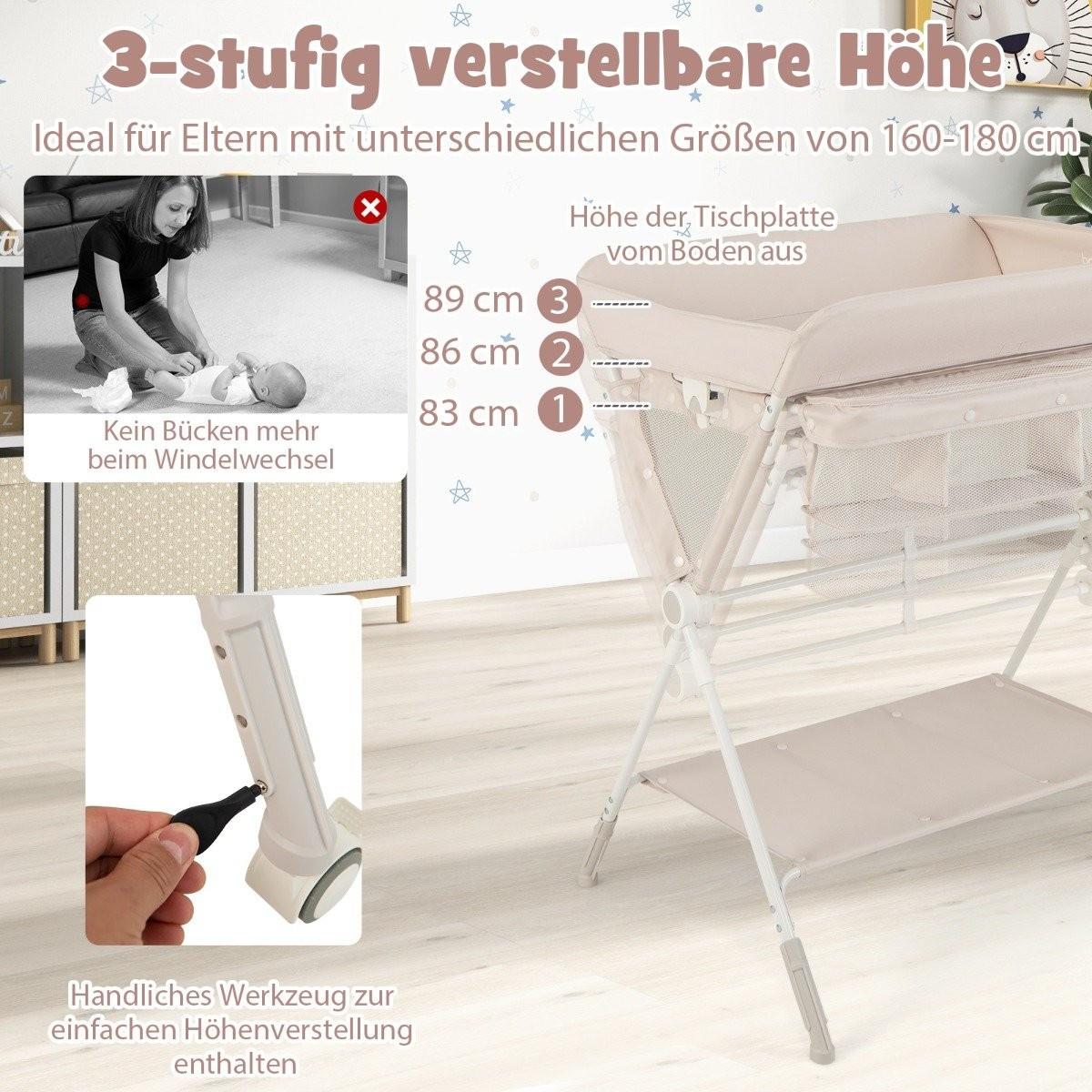 Northix  3 in 1 Klappbarer Wickeltisch mit Rollen & Mülleimer Mobile Wickelkommode Wickelstation Beige 