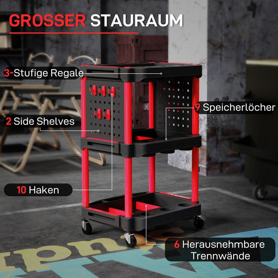 Northio Chariot à outils, étagères à trois niveaux, 4 roues, plastique, 10 crochets, rouge  